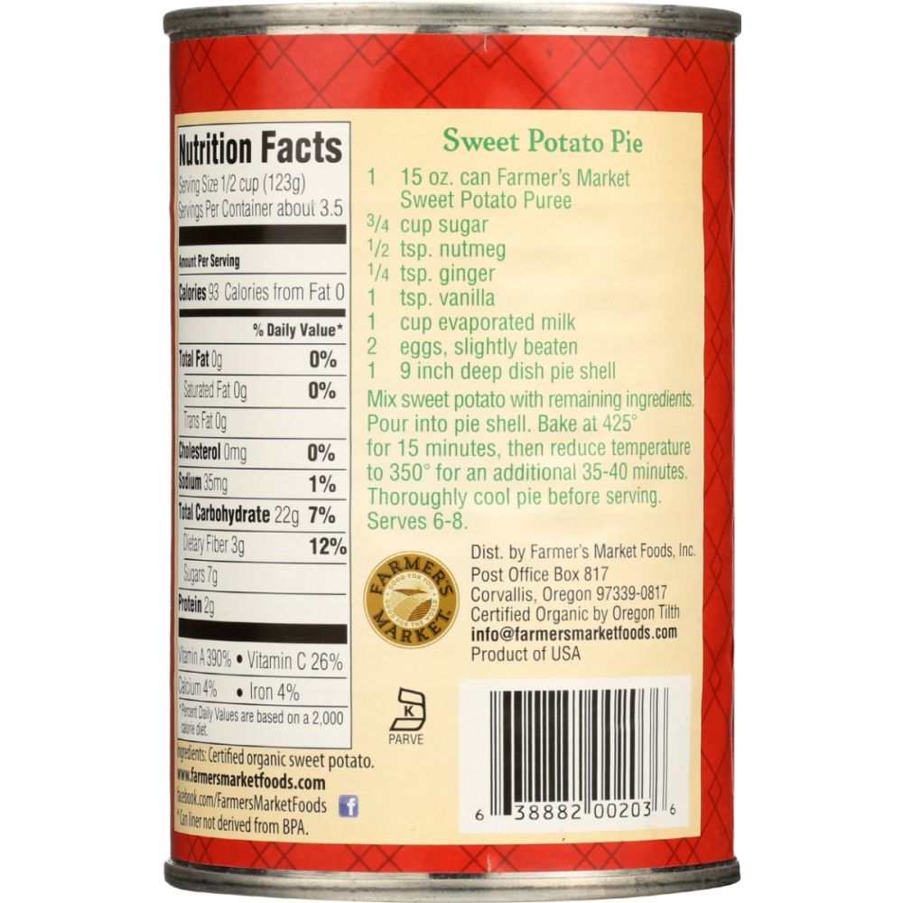 Farmers Market Foods organic sweet potato puree 15 oz BPA-Free packaging