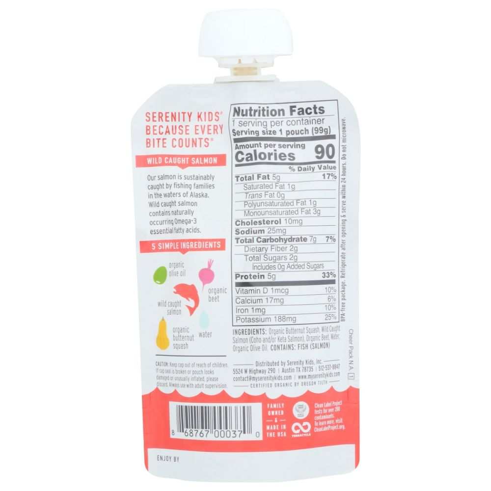 Back of organic wild caught salmon baby food pouch with nutrition facts and ingredients
