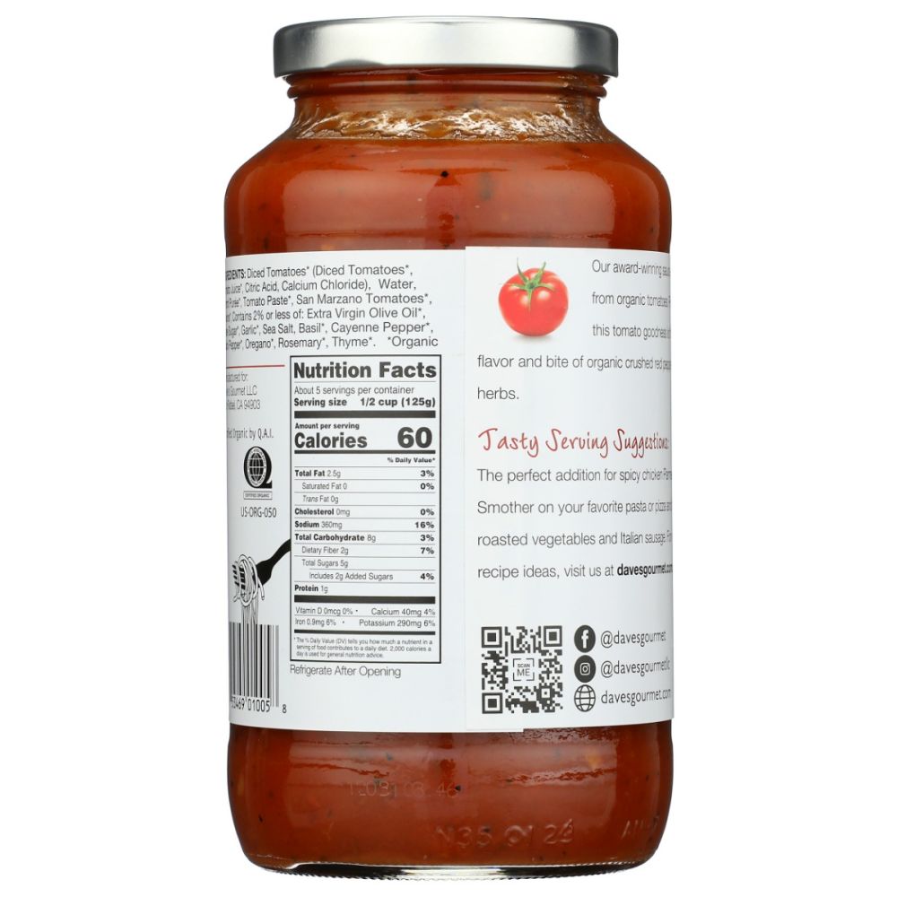 DAVES GOURMET: Organic Spicy Heritage Red Pasta Sauce, 24 oz - SMART GREENS