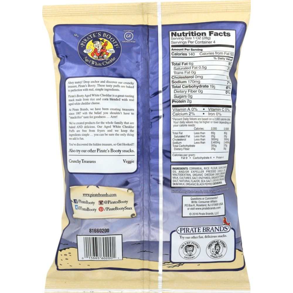 PIRATE BRANDS Aged White Cheddar Rice and Corn Puffs 4 oz gluten-free snack bag