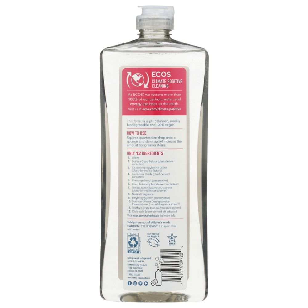 Back view of ECOS climate positive cleaning liquid bottle with ingredient list
