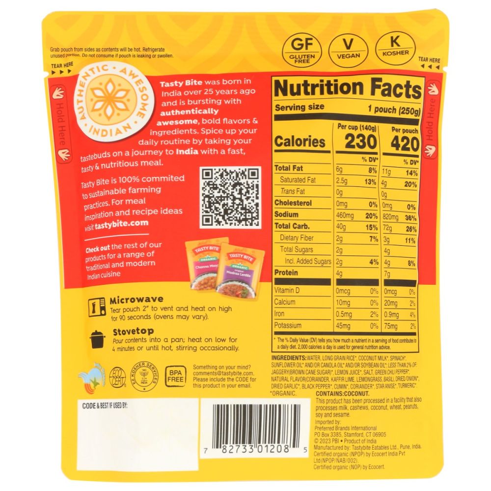 TASTY BITE: Organic Thai Lime Rice, 8.8 oz - SMART GREENS