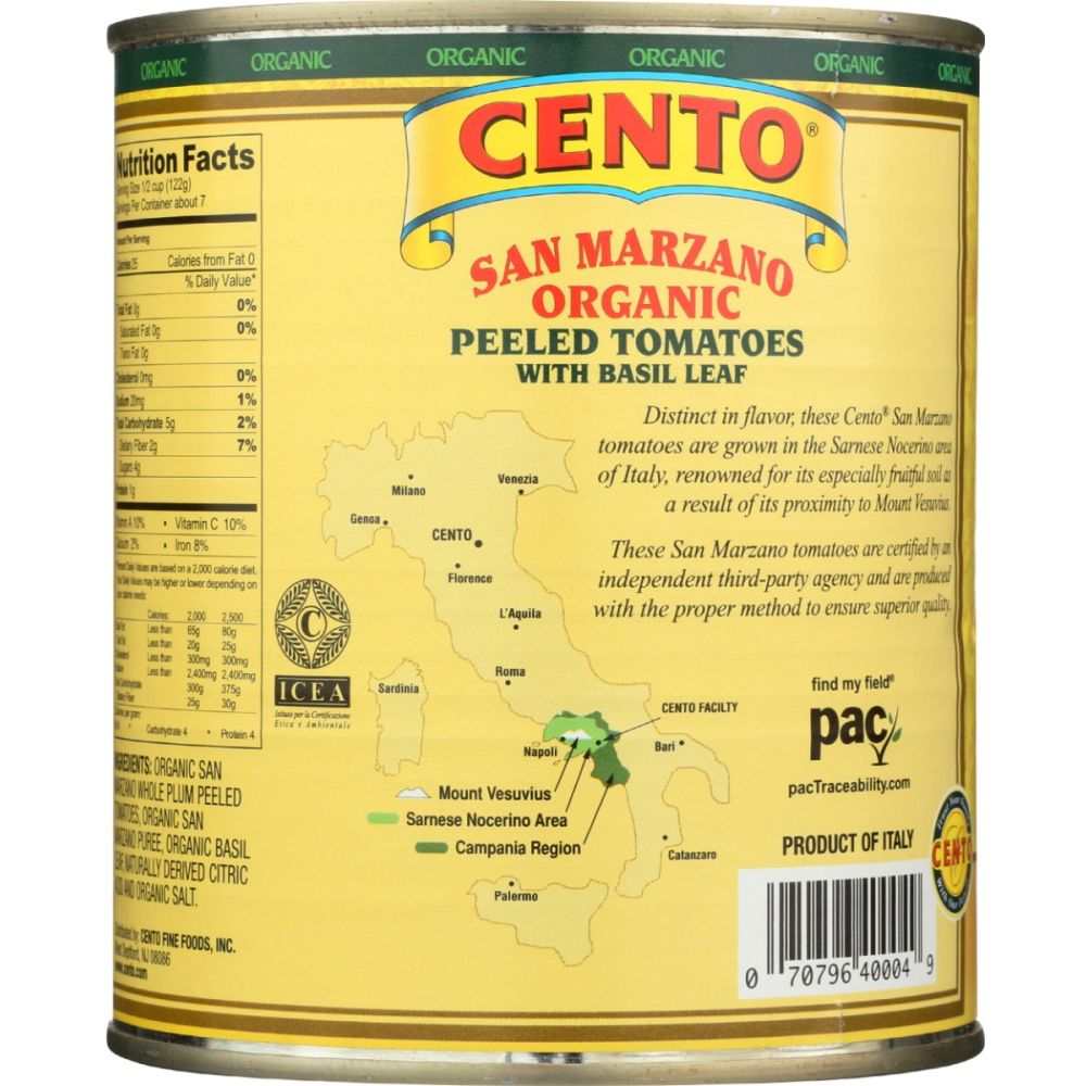 CENTO organic certified San Marzano tomatoes with basil leaf in 28 oz can for homemade sauces