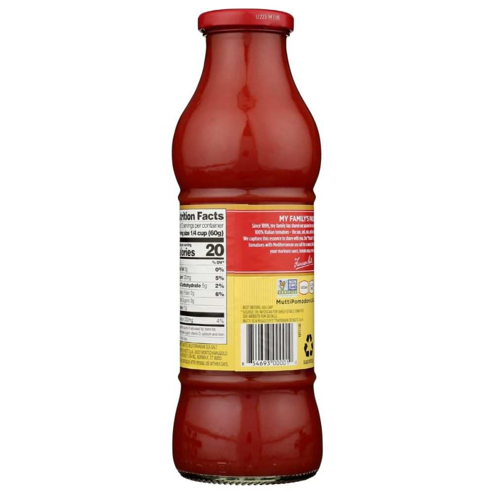 Mutti 24.5 oz tomato puree bottle with bright red smooth Italian tomato passata and Mediterranean sea salt
