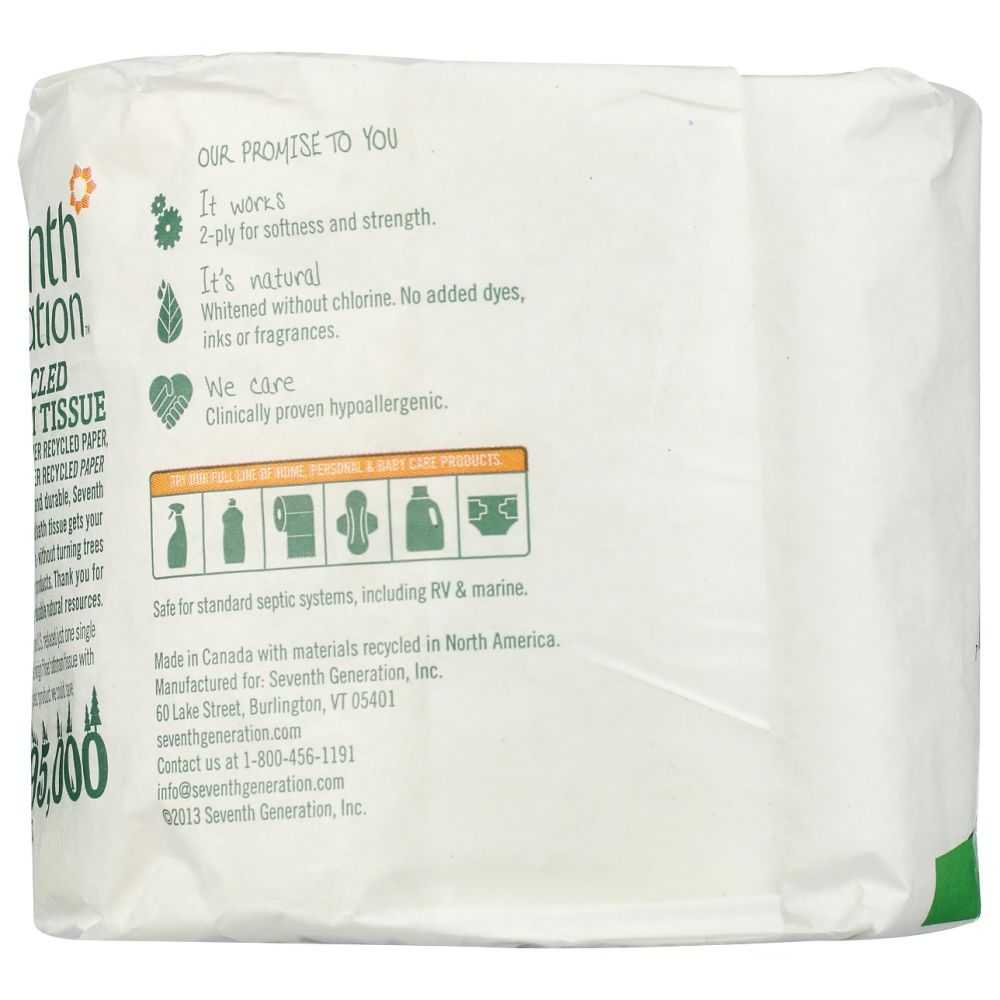 Recycled toilet tissue pack with eco-friendly, hypoallergenic product details on white packaging