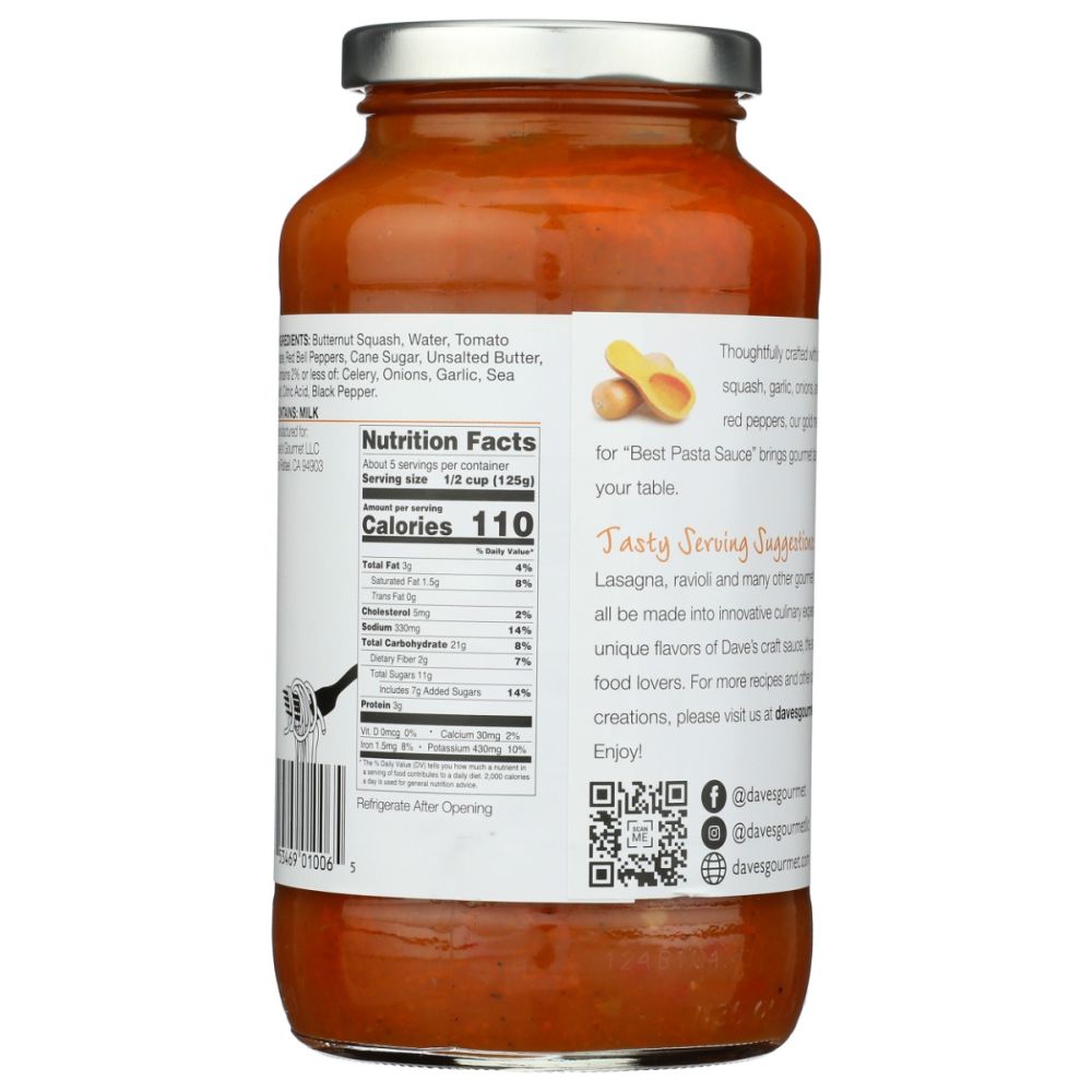 DAVES GOURMET: Butternut Squash Pasta Sauce, 24 oz - SMART GREENS