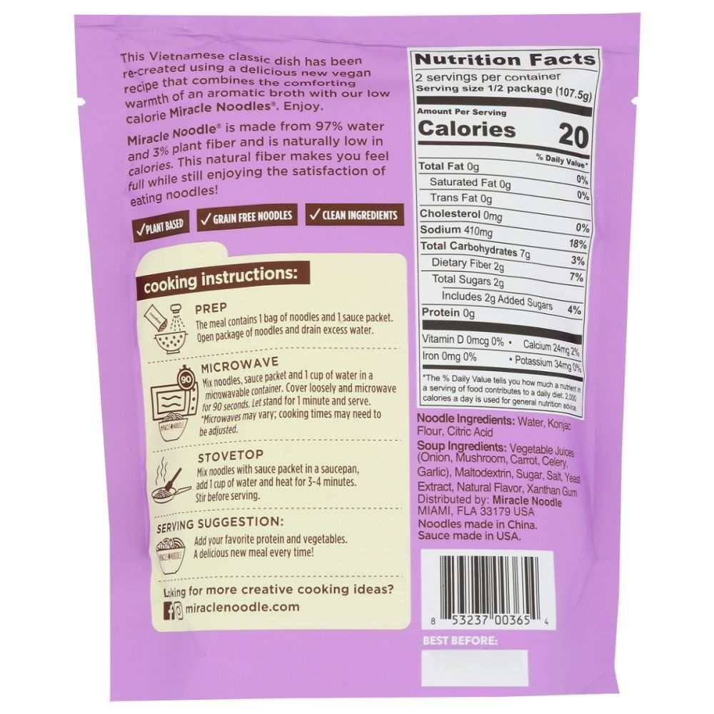 Miracle Noodle vegan pho with shirataki noodles, vegetables, and herbs in a flavorful broth