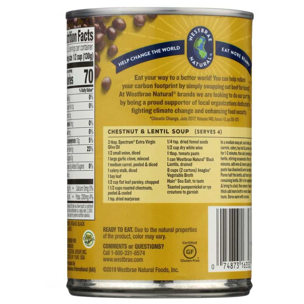 WESTBRAE Organic Black Lentils No Salt Added 15 oz package for vegetarian recipes