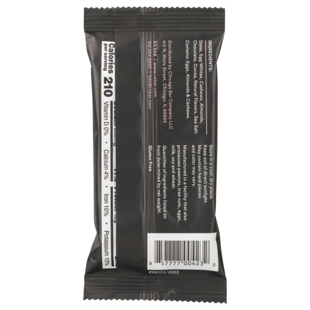 RXBAR Chocolate Sea Salt Protein Bar 1.8 oz with chocolate, egg whites, dates, nuts, and sea salt topping