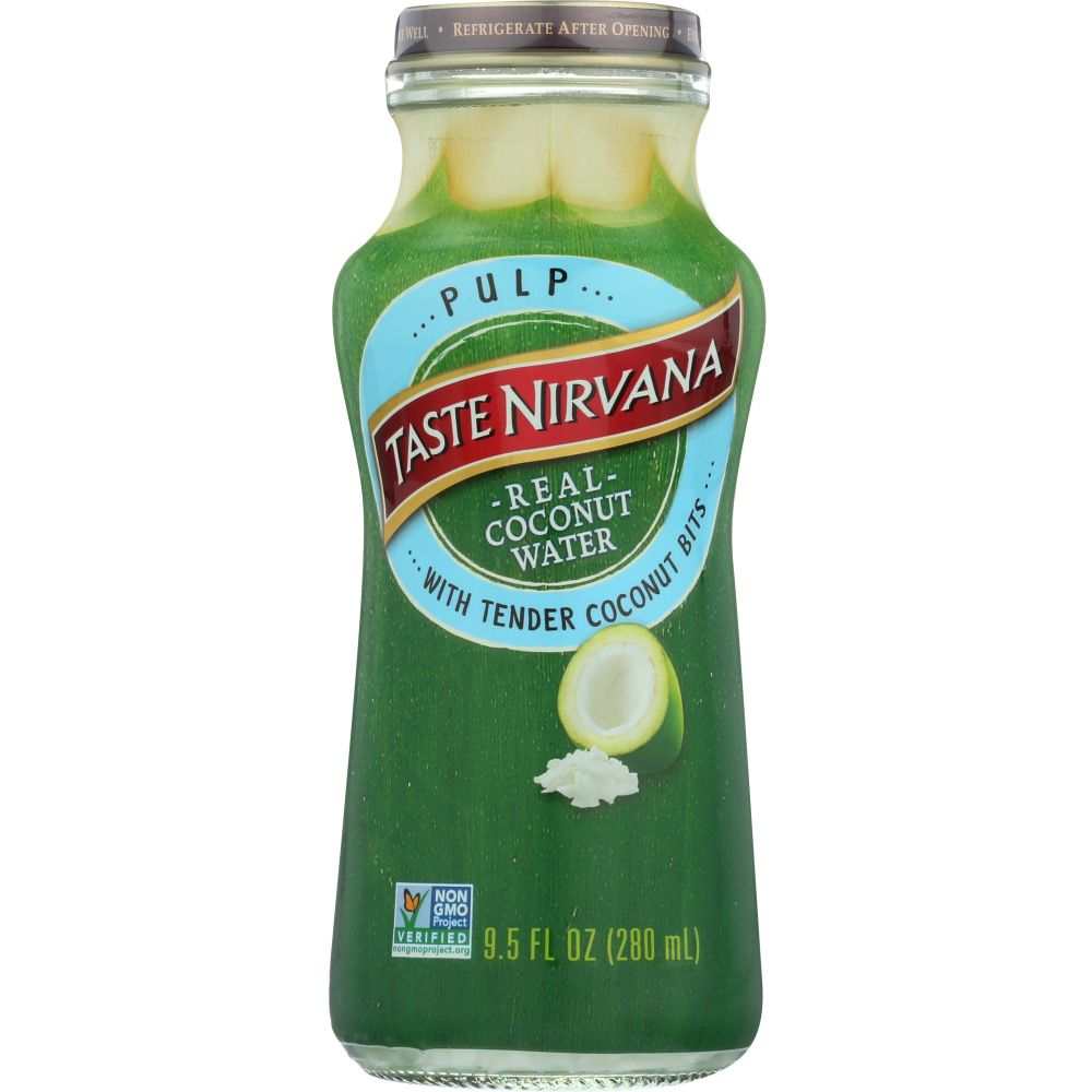 TASTE NIRVANA Coconut Water with Pulp 9.5 oz bottle showcasing natural coconut flavor and real pulp.