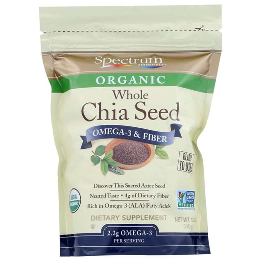 Bag of organic whole chia seeds dietary supplement, high in omega-3 and fiber, 12 oz