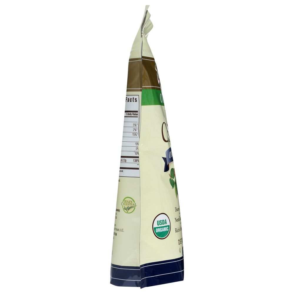 Side view of sealed organic food pouch with USDA Organic label and nutrition facts