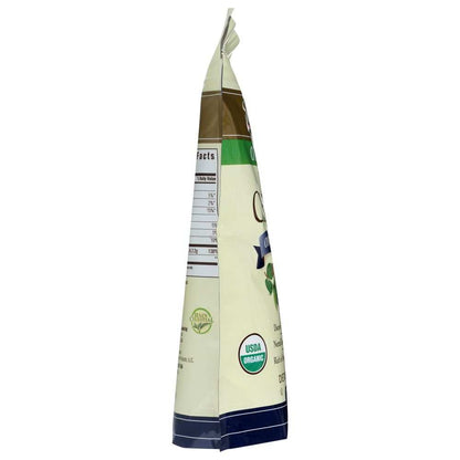 Side view of sealed organic food pouch with USDA Organic label and nutrition facts