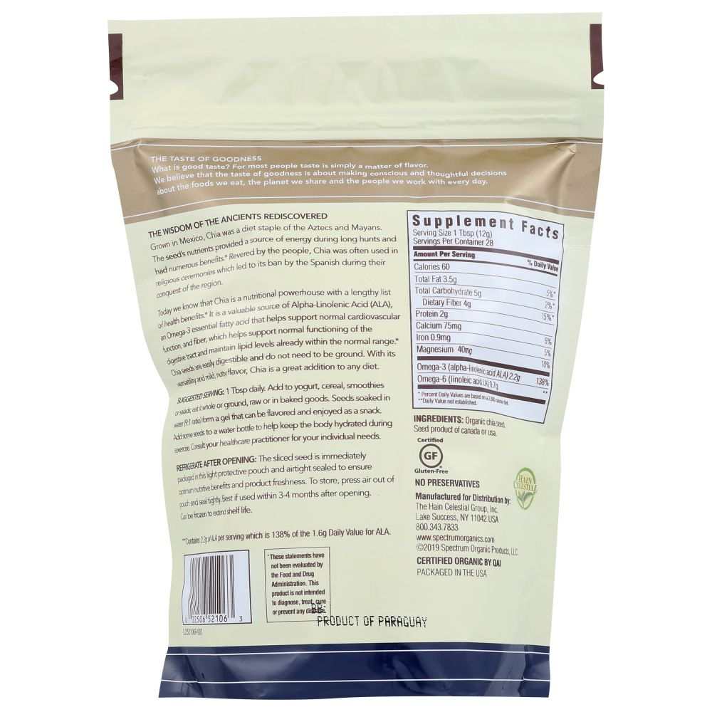 Back of chia seeds package showing nutrition facts, ingredients, and usage instructions