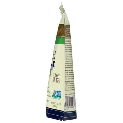 Side view of a 12 oz non-GMO food product bag with nutrition label and barcode visible.