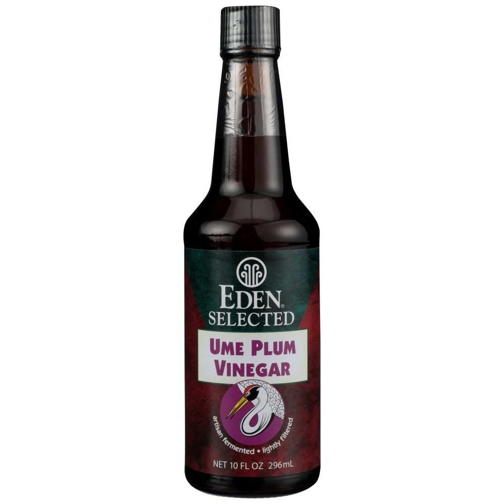Bottle of Eden Foods Ume Plum Vinegar with amber glass and dispenser cap