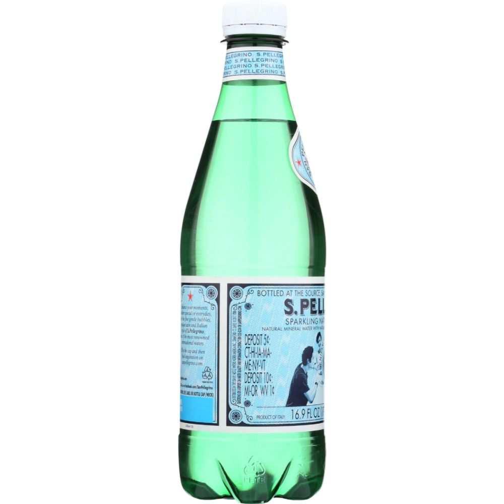 Green glass bottle of sparkling mineral water with blue label, 16.9 fl oz size.