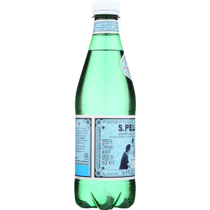Green glass bottle of sparkling mineral water with blue label, 16.9 fl oz size.