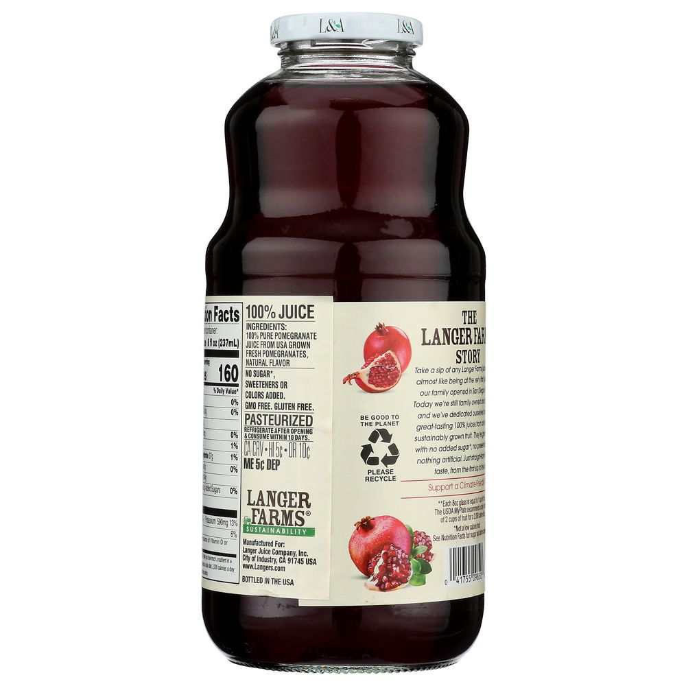 Bottle of L & A JUICE All Pomegranate 32 oz on white background