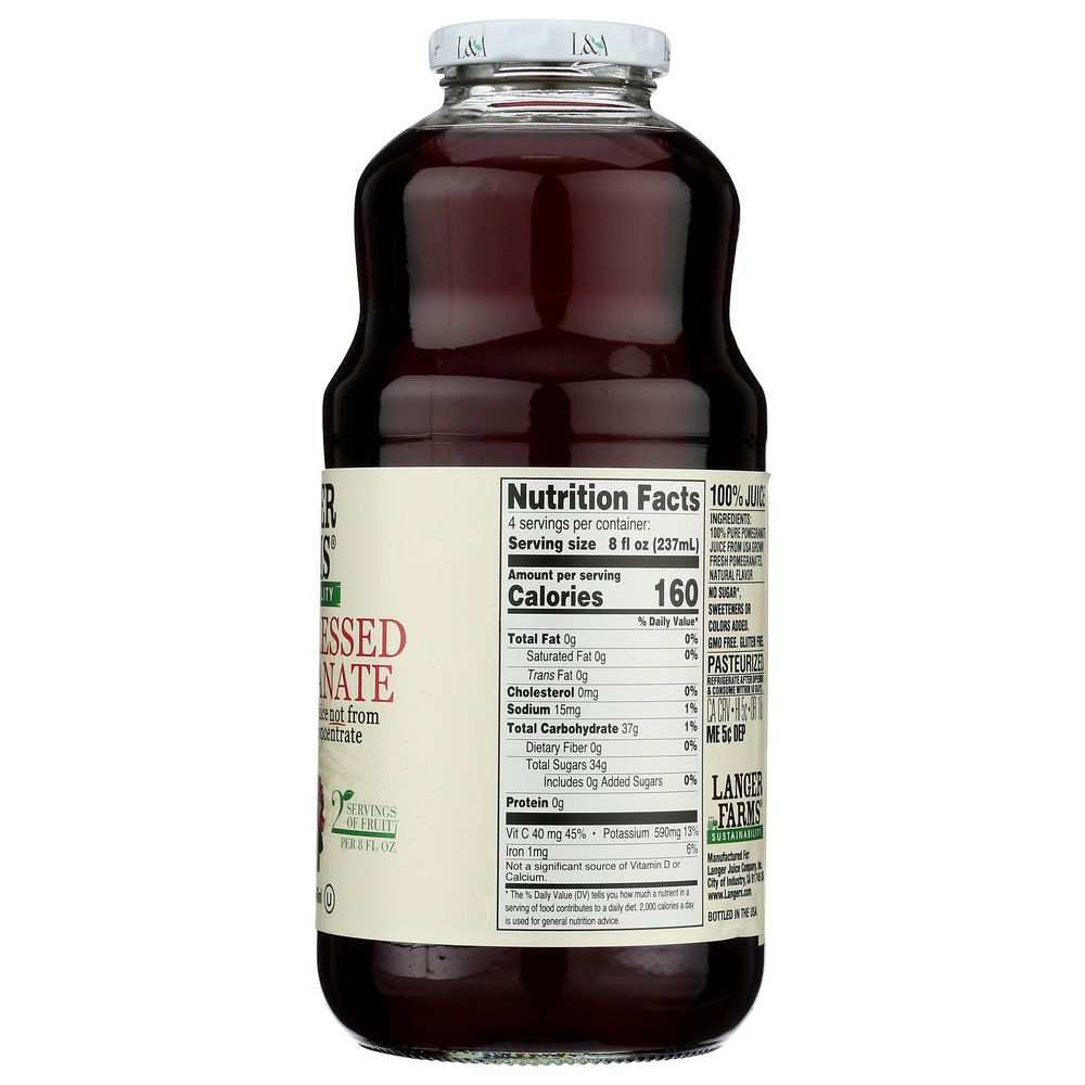 L & A JUICE 32 oz all pomegranate juice bottle from Langer Farms family-owned brand