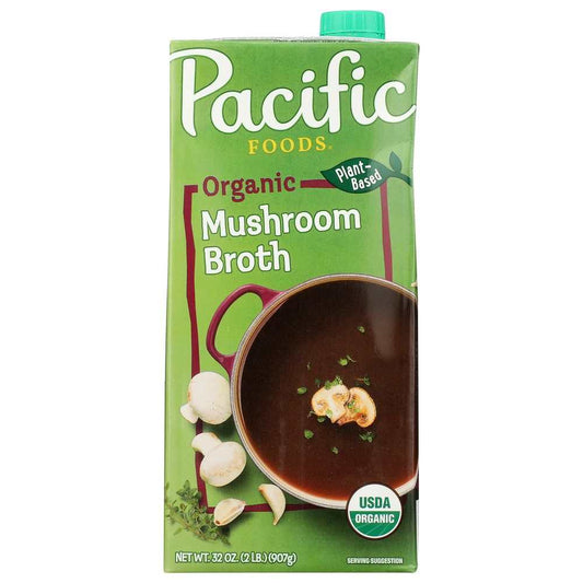 PACIFIC FOODS Organic Mushroom Broth 32 oz bottle with garlic and sea salt ingredients