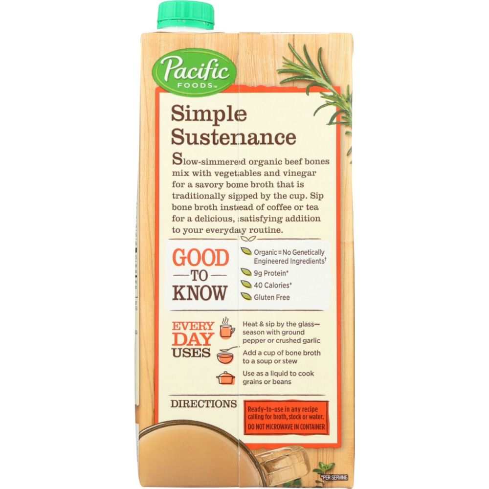 Pacific Foods Organic Beef Bone Broth 32 oz carton gluten-free savory collagen-rich beverage