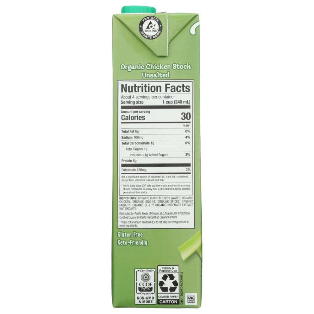 Pacific Foods Organic Unsalted Chicken Stock 32 oz carton for cooking and marinating