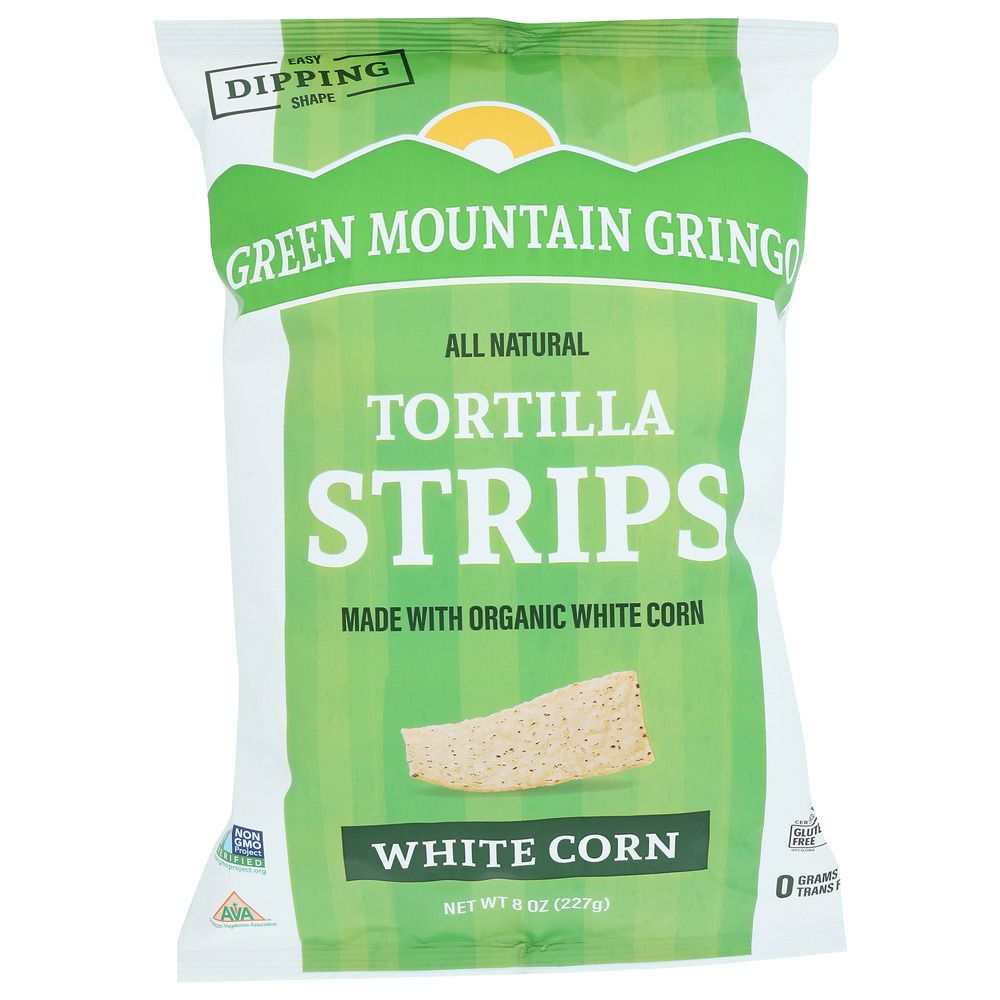 GREEN MOUNTAIN GRINGO white corn tortilla strips 8 oz snack chip product packaging