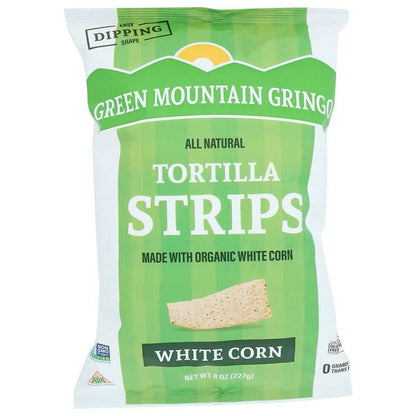 GREEN MOUNTAIN GRINGO white corn tortilla strips 8 oz snack chip product packaging