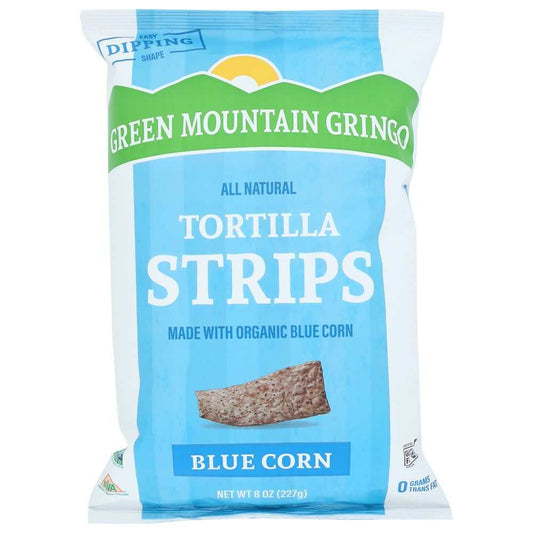 GREEN MOUNTAIN GRINGO organic blue corn tortilla strips 8 oz in a clear bag