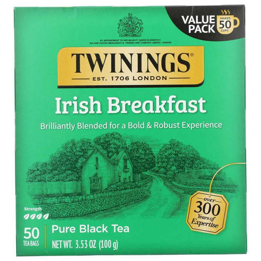 TWININGS 100% Pure Black Tea Irish Breakfast 50 tea bags box with rich, robust flavor