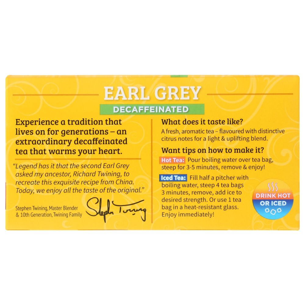 TWININGS OF LONDON: Classics Earl Grey Naturally Decaffeinated, 20 Tea Bags, 1.23 oz - SMART GREENS