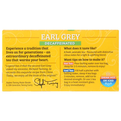 TWININGS OF LONDON: Classics Earl Grey Naturally Decaffeinated, 20 Tea Bags, 1.23 oz - SMART GREENS