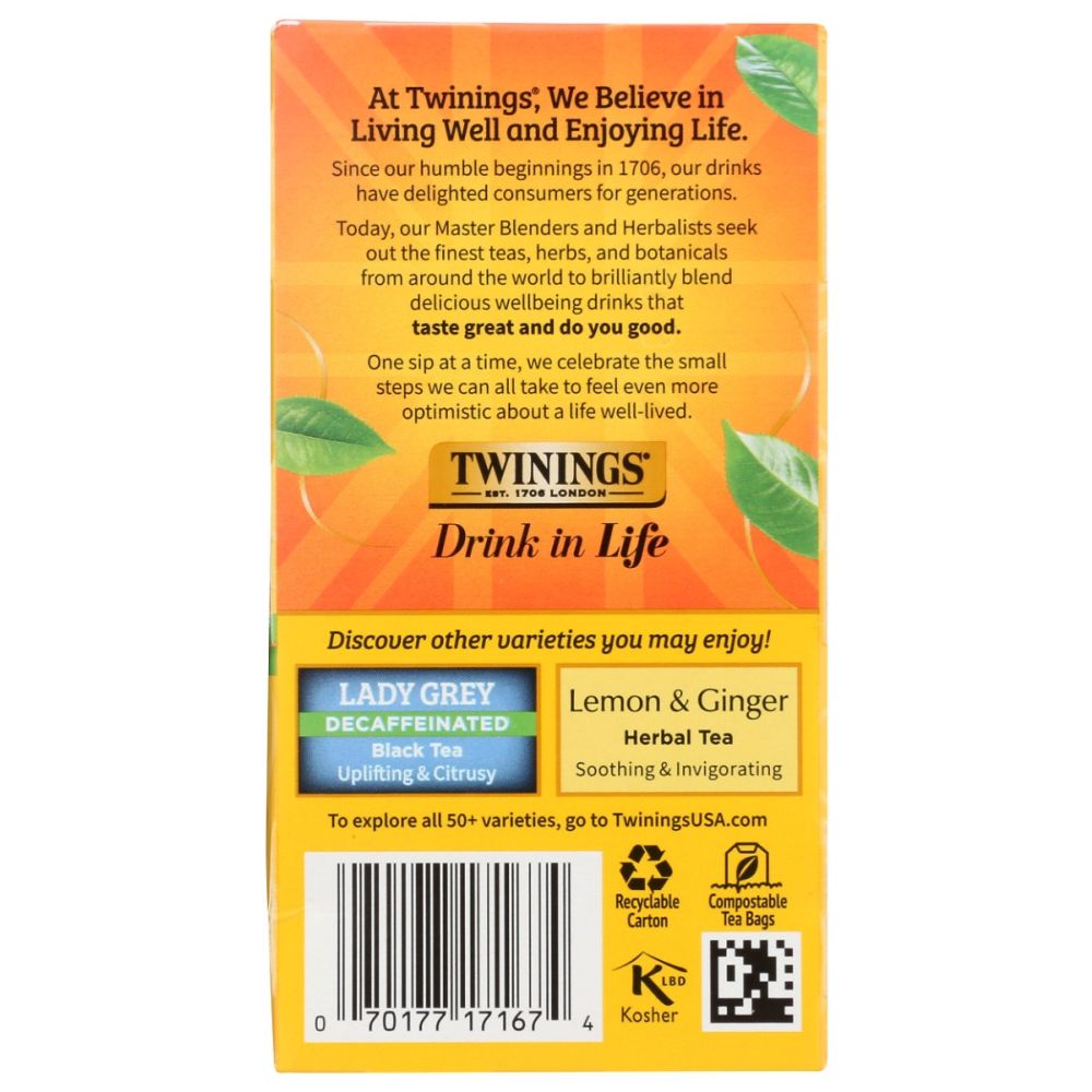 TWININGS OF LONDON: Classics Earl Grey Naturally Decaffeinated, 20 Tea Bags, 1.23 oz - SMART GREENS