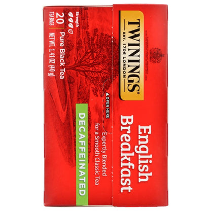 TWININGS OF LONDON: Classics English Breakfast Tea Naturally Decaffeinated, 20 Tea Bags, 1.41 oz - SMART GREENS