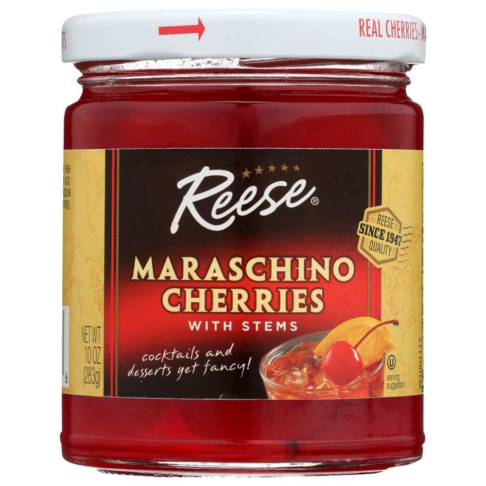 Reese 10 oz jar of red maraschino cherries with stems for cocktails and desserts