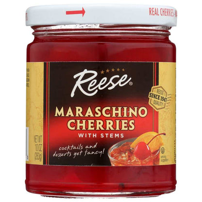 Reese 10 oz jar of red maraschino cherries with stems for cocktails and desserts