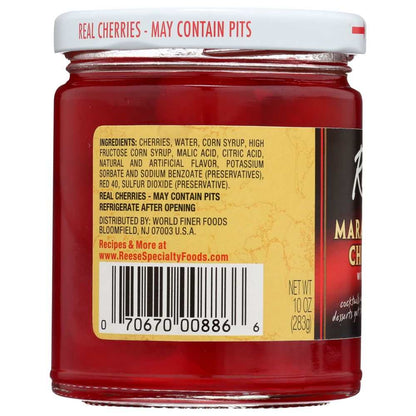 REESE Red Maraschino Cherries with stems in 10 oz jar for cocktail and dessert garnish
