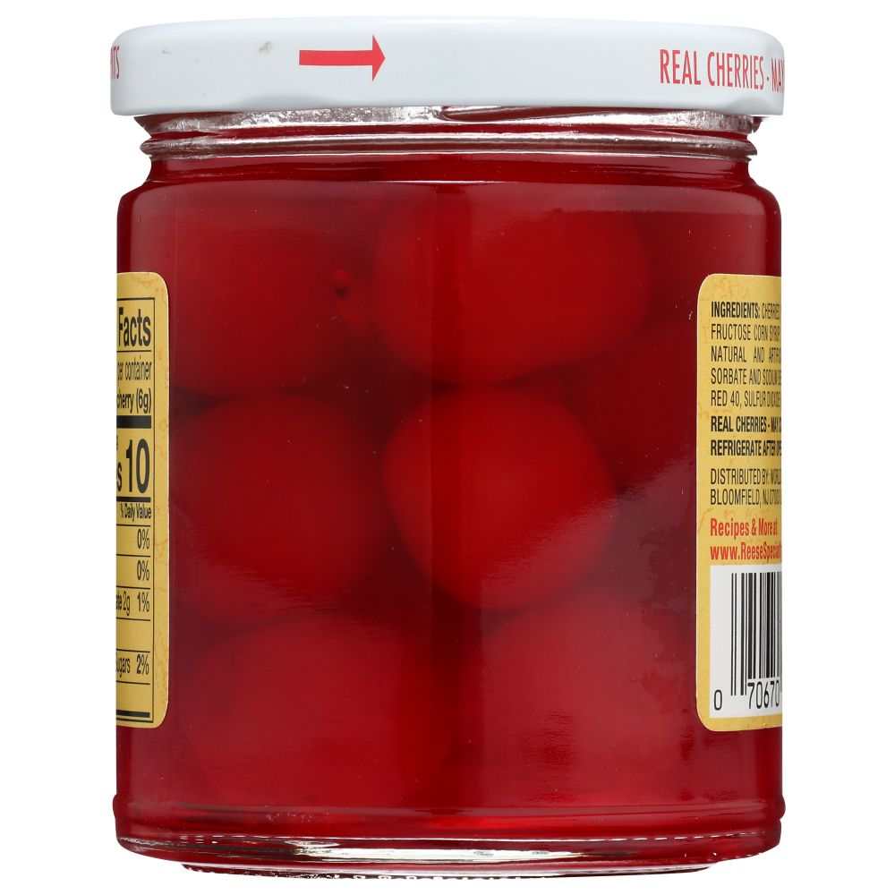 Reese Red Maraschino Cherries with stems in 10 oz jar for cocktails and desserts