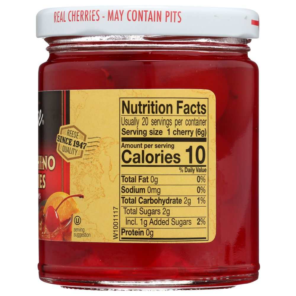REESE red maraschino cherries with stems in 10 oz container for cocktails and toppings