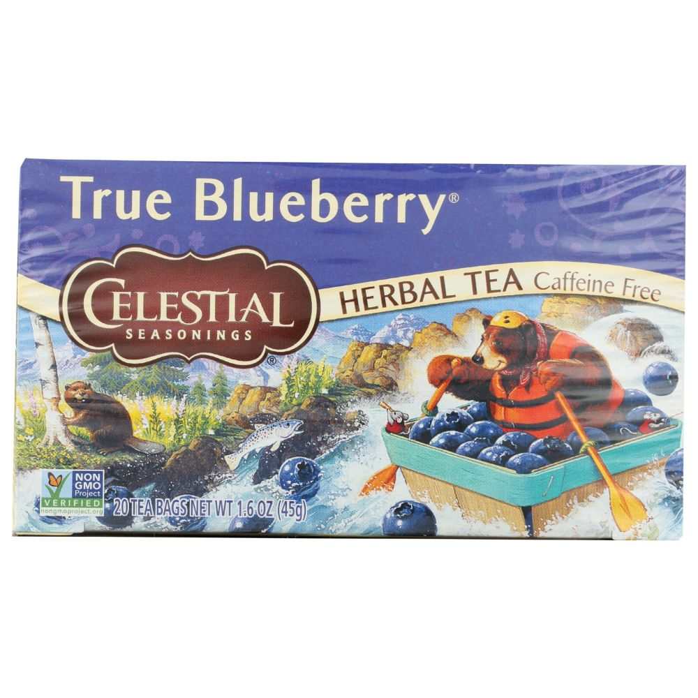 CELESTIAL SEASONINGS True Blueberry Herbal Tea box with 20 caffeine-free tea bags and berry ingredients