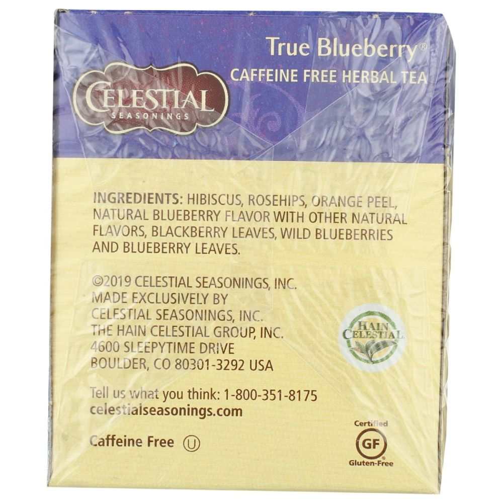 CELESTIAL SEASONINGS True Blueberry Herbal Tea box with wild blueberry and purple grape flavor, caffeine free, 20 bags