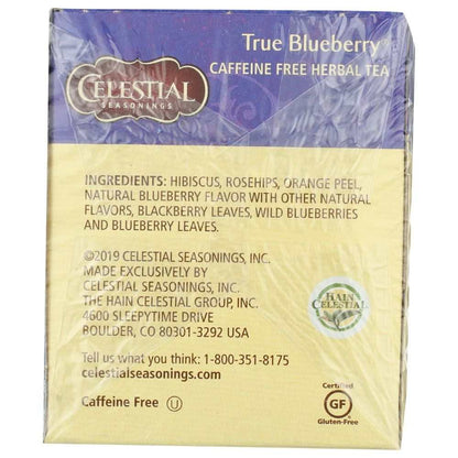 CELESTIAL SEASONINGS True Blueberry Herbal Tea box with wild blueberry and purple grape flavor, caffeine free, 20 bags