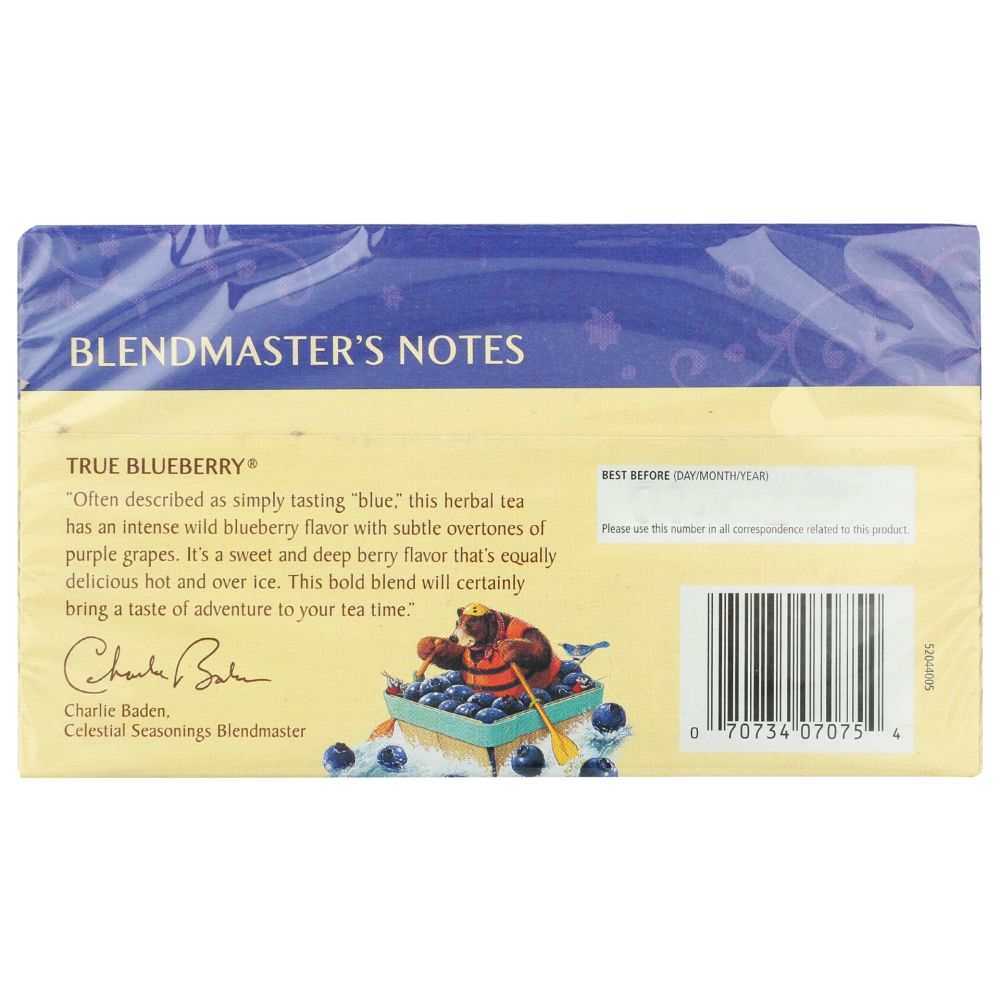 CELESTIAL SEASONINGS True Blueberry Herbal Tea box with blueberries and grapes illustration