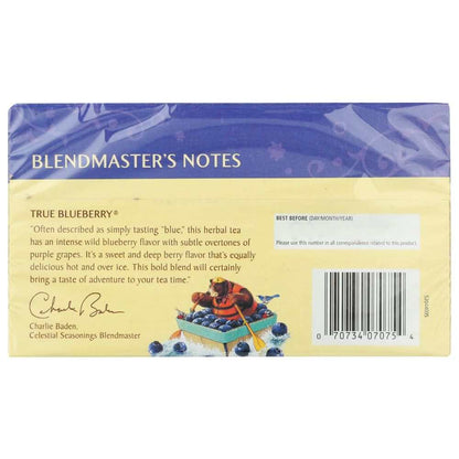 CELESTIAL SEASONINGS True Blueberry Herbal Tea box with blueberries and grapes illustration