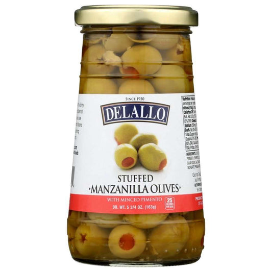 Jar of premium Stuffed Manzanilla Olives stuffed with roasted red pepper for savory snacking and Mediterranean dishes