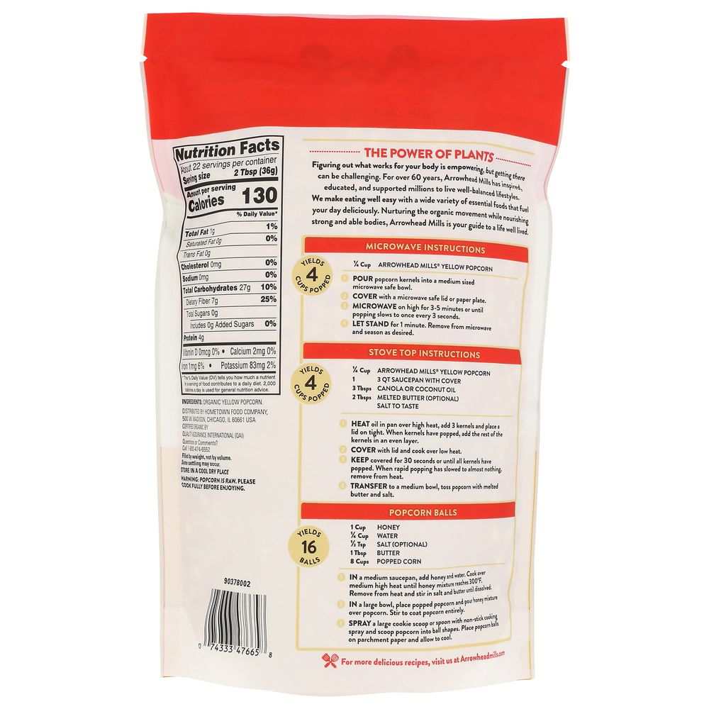 ARROWHEAD MILLS Organic Yellow Popcorn 28 oz bag of organic yellow popcorn kernels
