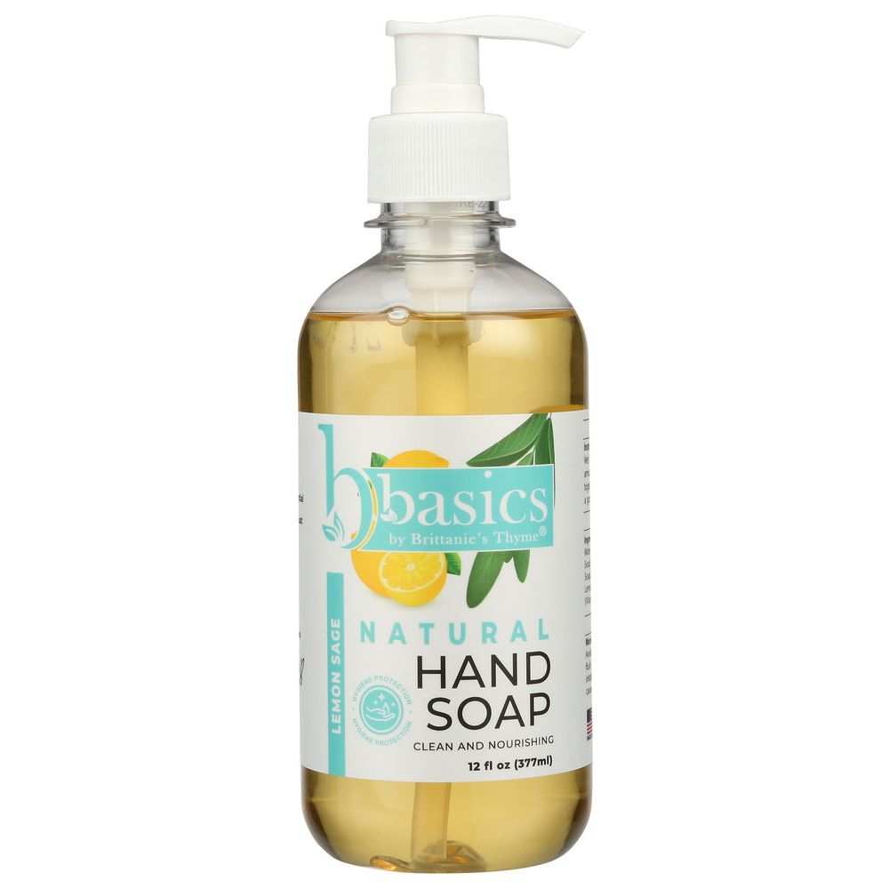 BRITTANIES THYME Lemon Sage Natural Hand Soap 12 oz bottle with fresh herbs background