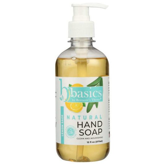 BRITTANIES THYME Lemon Sage Natural Hand Soap 12 oz bottle with fresh herbs background