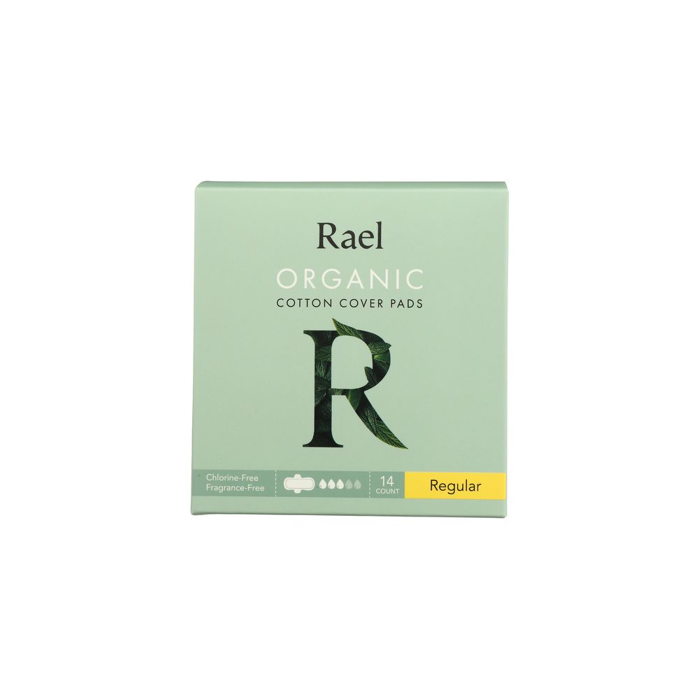 Rael organic cotton cover pads box, regular size, 14 count, chlorine-free, fragrance-free